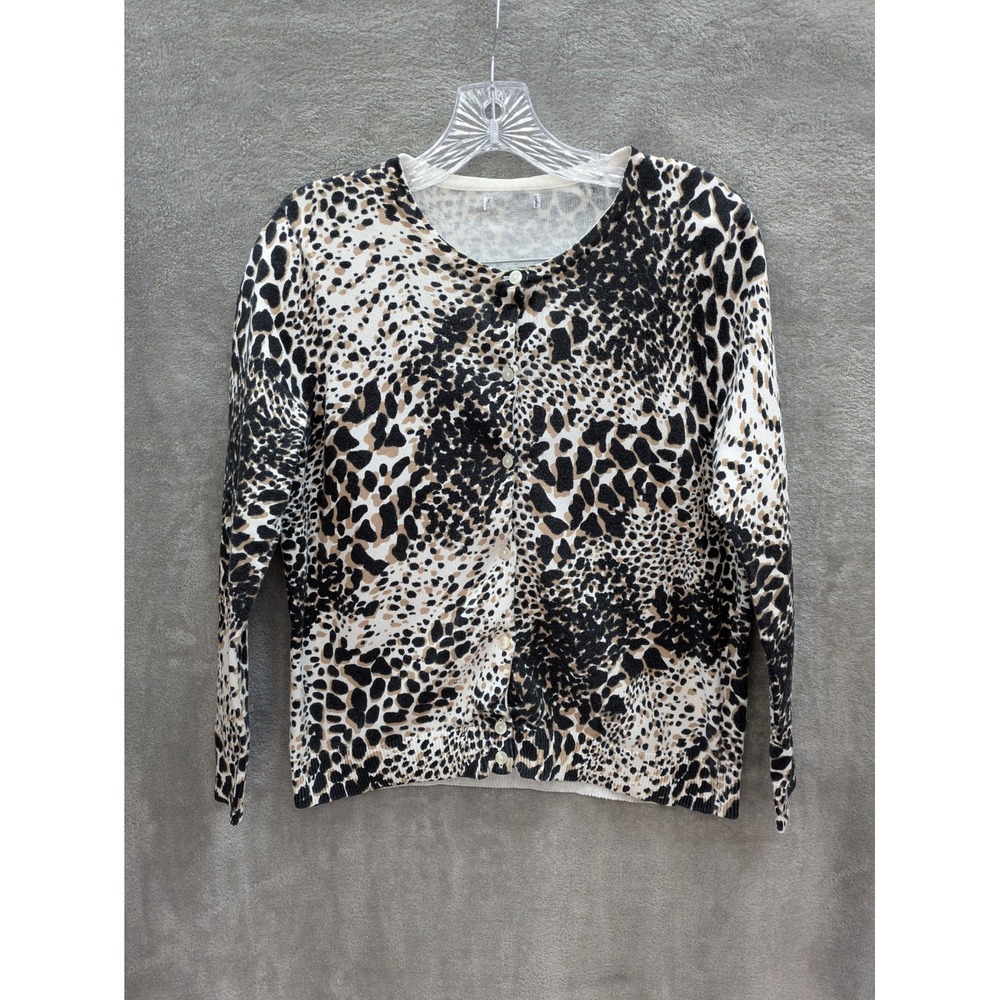 Animal Print Cardigan Sweater Womens Medium 100 Cotton Button Up Leopard Casual‎